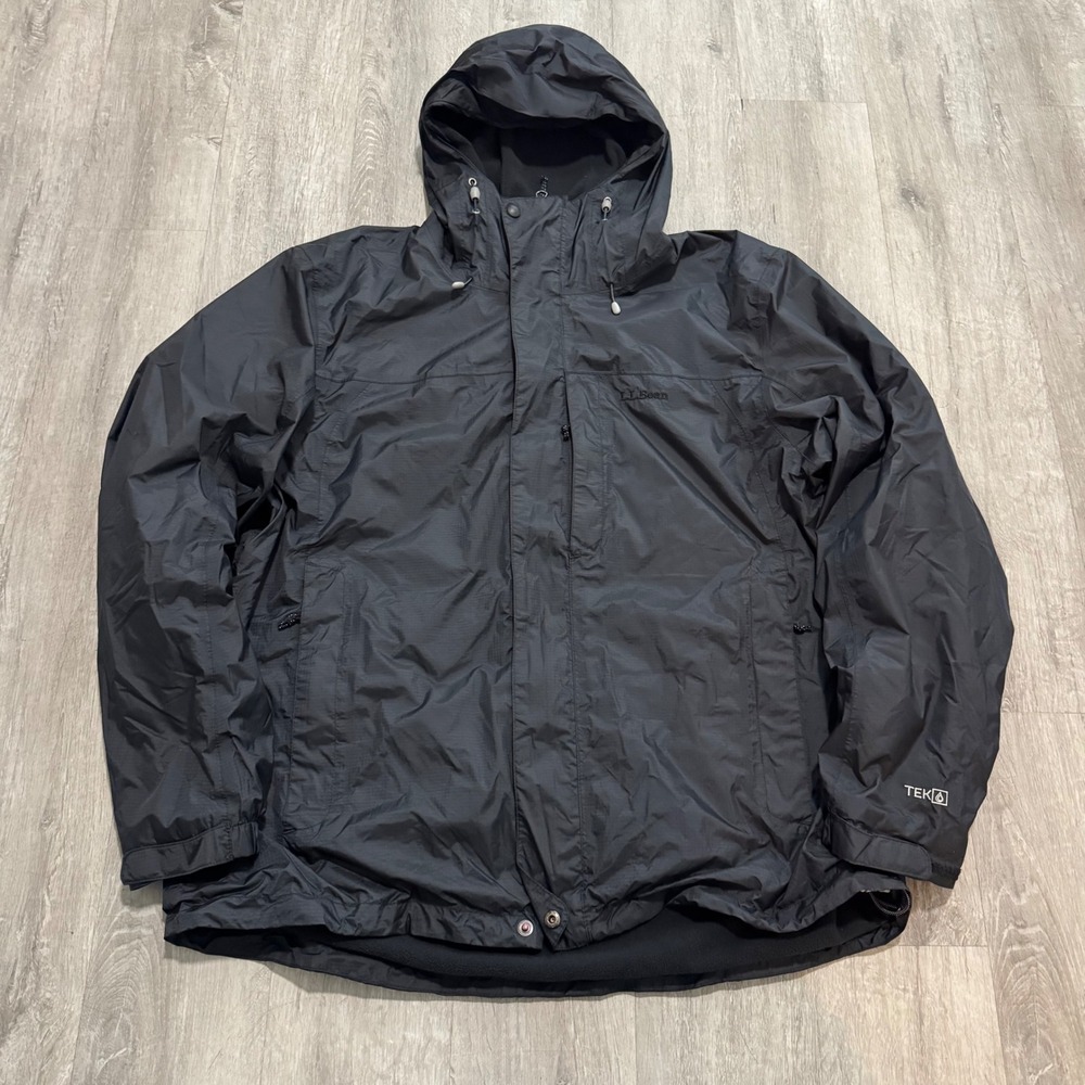 LL Bean TEK Waterproof Hooded Jacket Black Fleece Lined Rain Coat Mens XL Reg